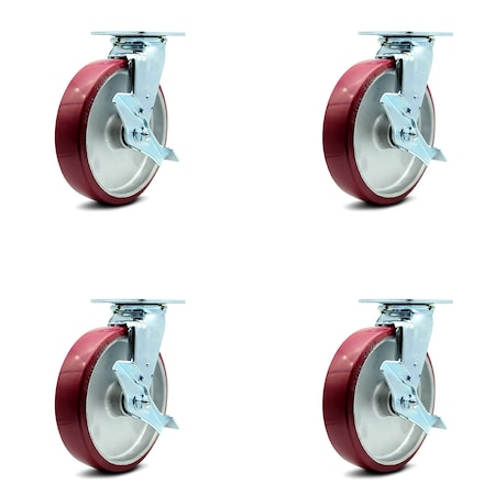 Service Caster 8 Inch Poly on Aluminum Caster Set with Roller Bearings and Brake/Swivel Lock SCC-30CS820-PAR-TLB-BSL-4